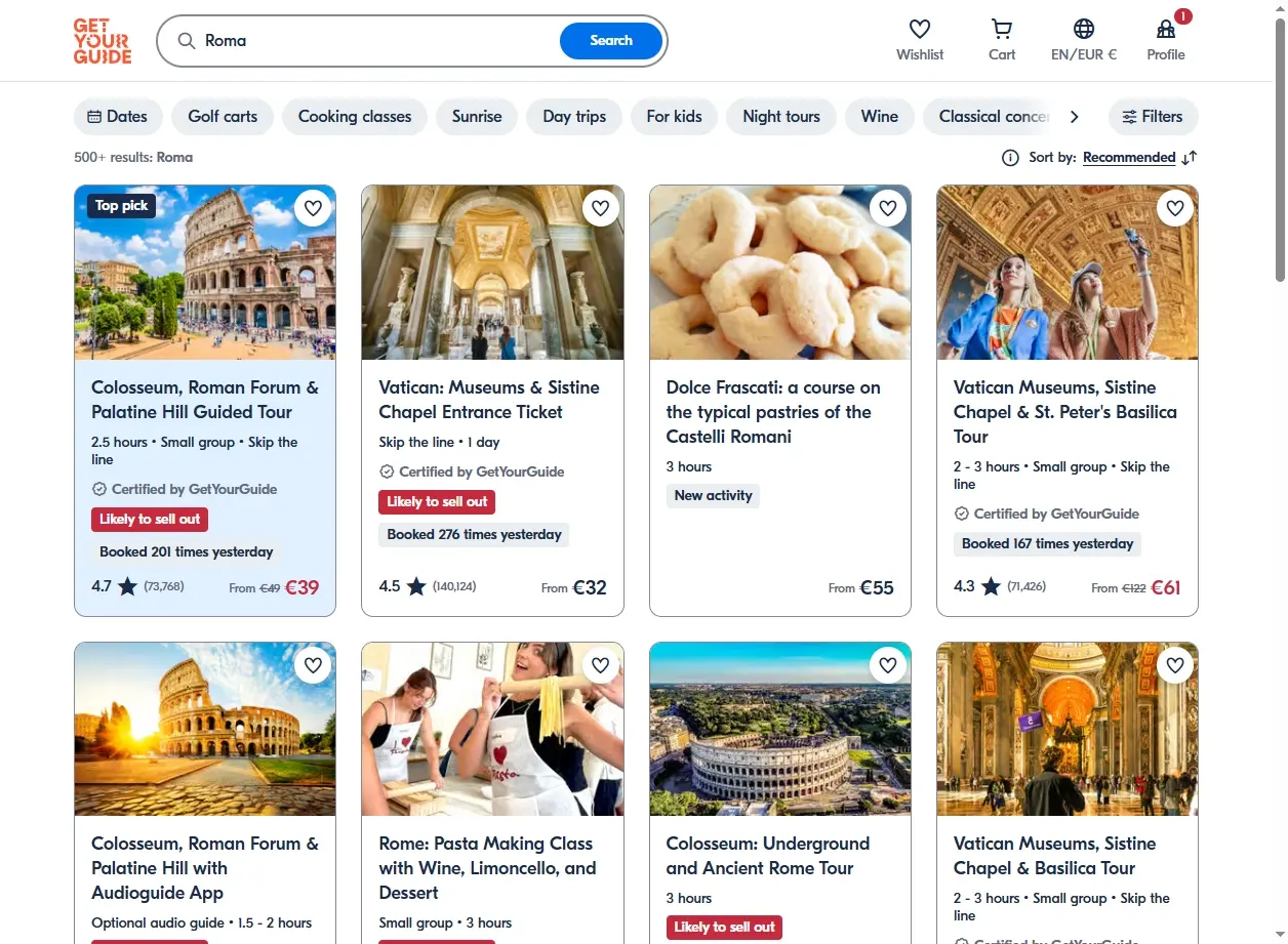 Schermata di GetYourGuide con offerte di attività e tour a Roma.