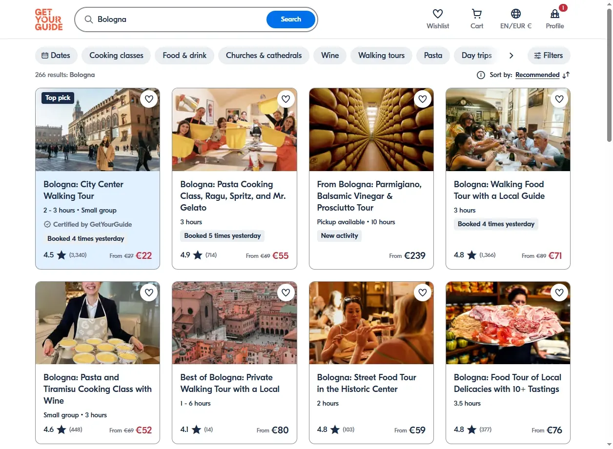 Esperienze e Tour a Bologna - Immagine screenshot di un sito di prenotazione attività