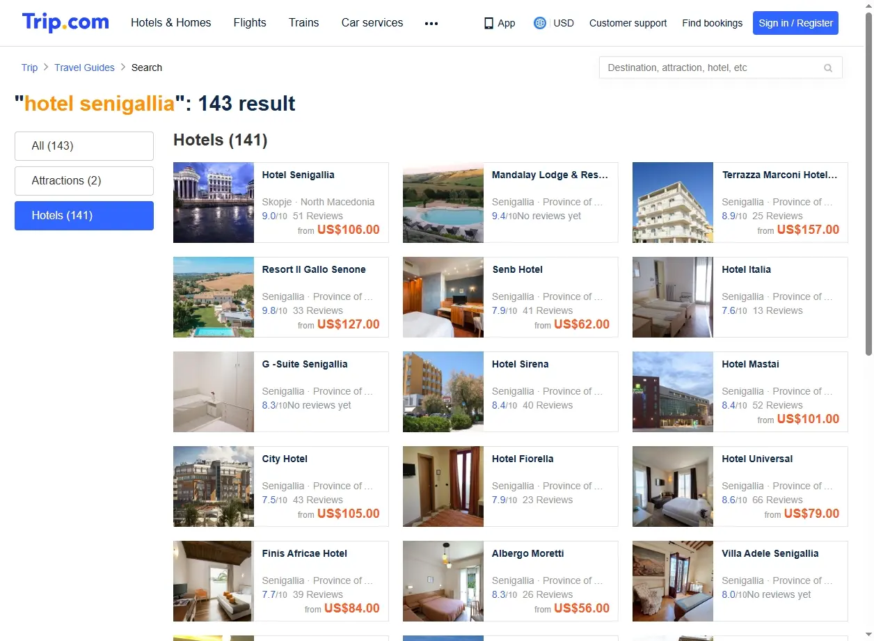 Schermata del sito di prenotazione hotel con offerte per hotel senigallia