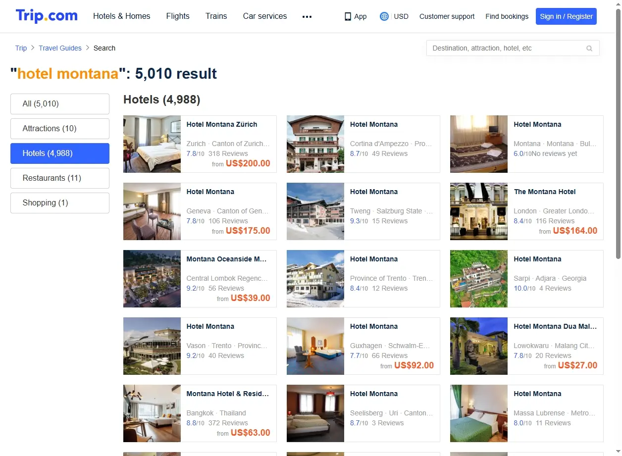 Schermata del sito di prenotazione che mostra offerte per Hotel Montana