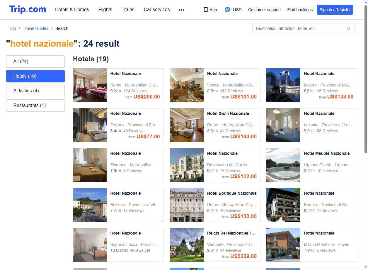Schermata di offerte speciali per hotel