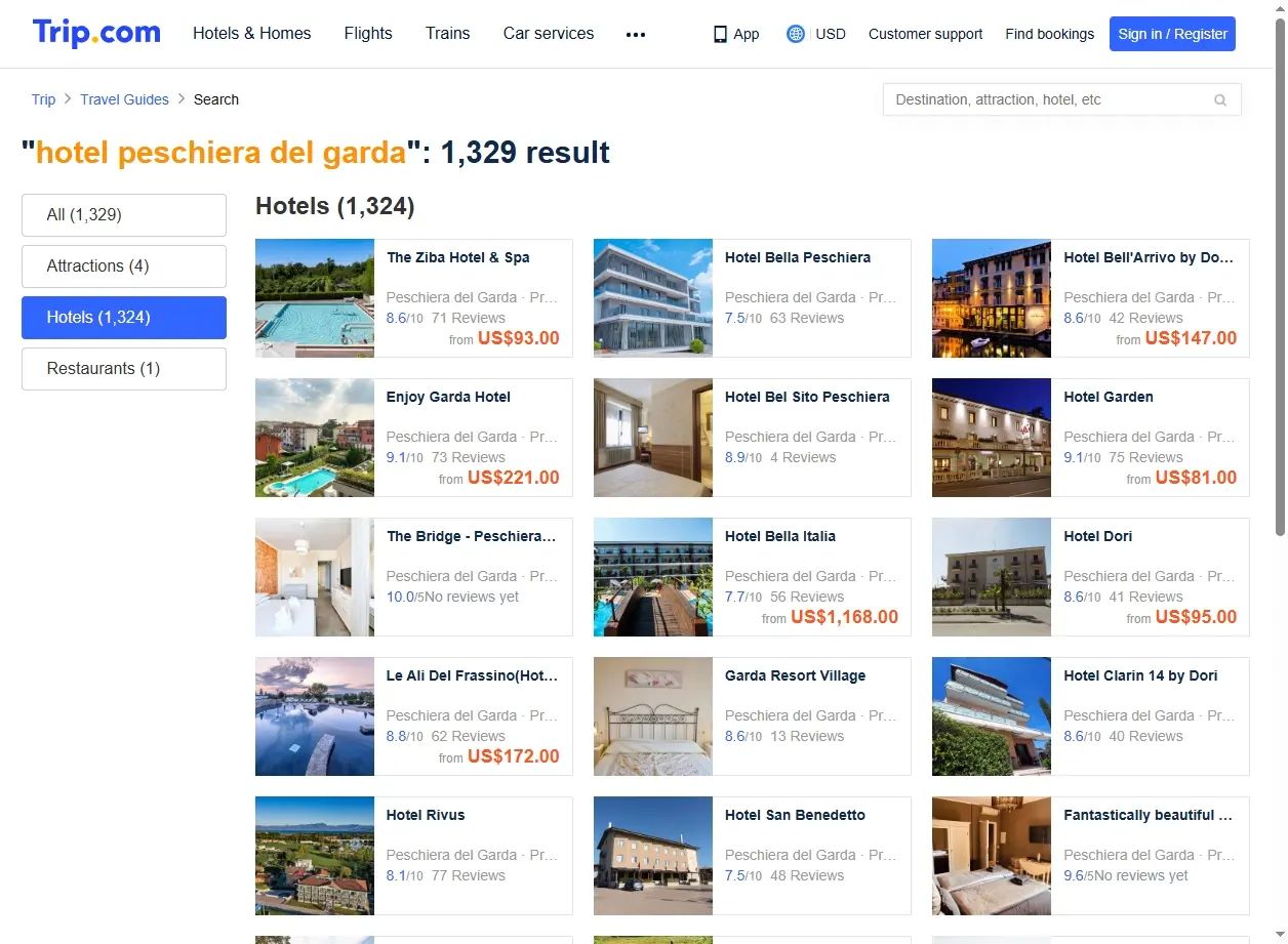 Schermata del sito web che mostra offerte per hotel a Peschiera del Garda