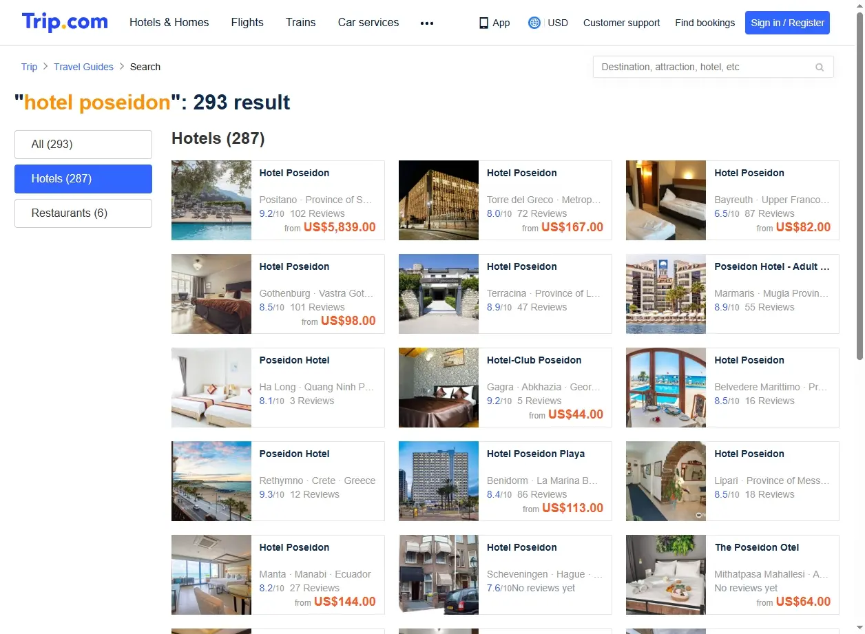 Schermata di ricerca offerte Hotel Poseidon su Trip.com