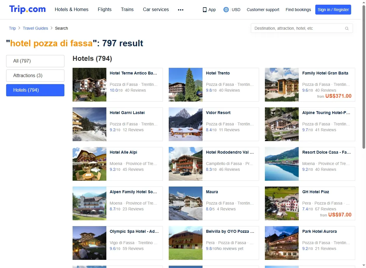 Schermata di ricerca offerte hotel Pozza di Fassa