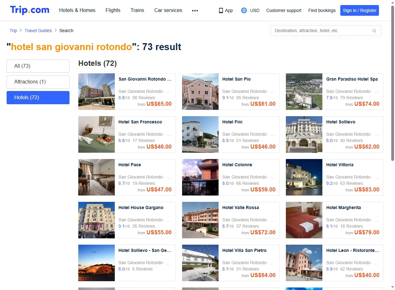Schermata di ricerca offerte hotel per San Giovanni Rotondo