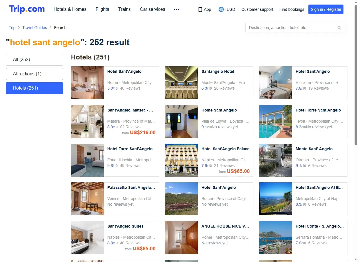 Schermata del sito web che mostra le offerte per l'Hotel Sant'Angelo