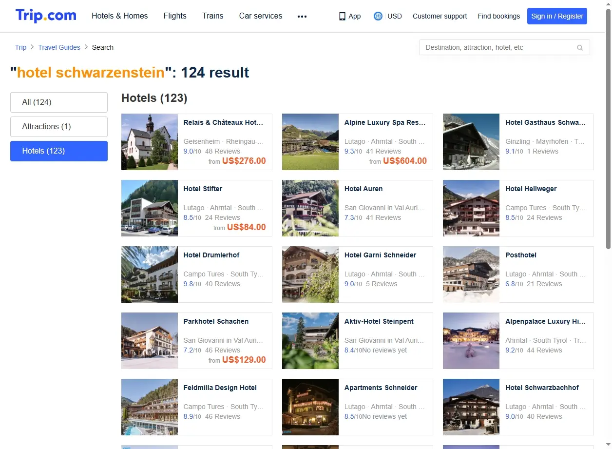 Schermata con offerte speciali per hotel Schwarzenstein