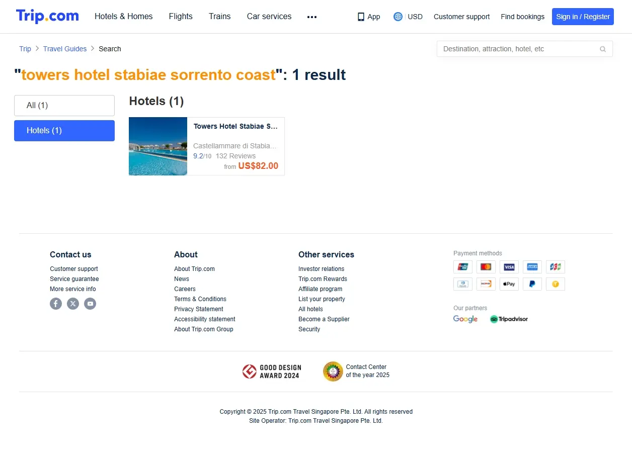 Schermata delle offerte di Trip.com per il Towers Hotel Stabiae Sorrento Coast