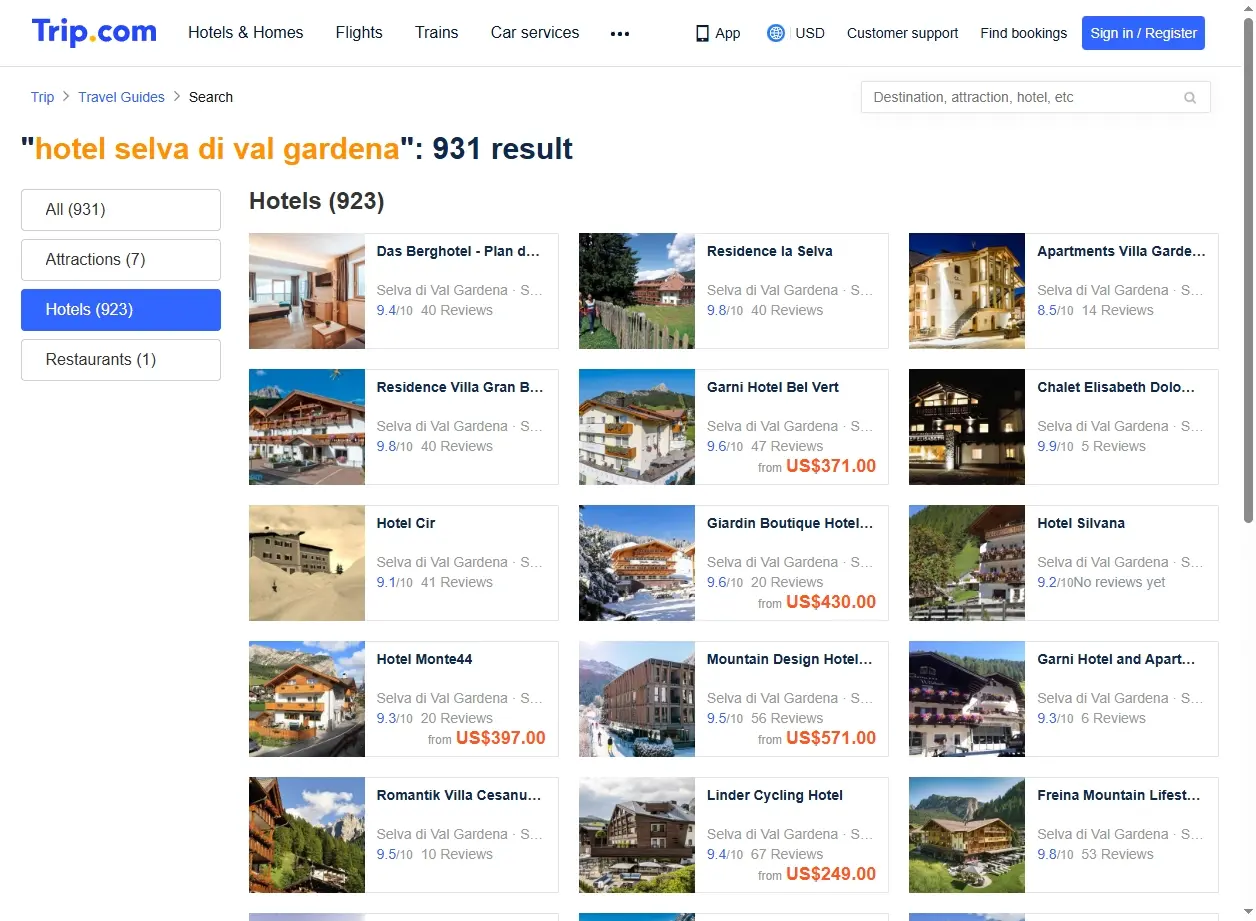 Schermata delle offerte hotel Trip.com