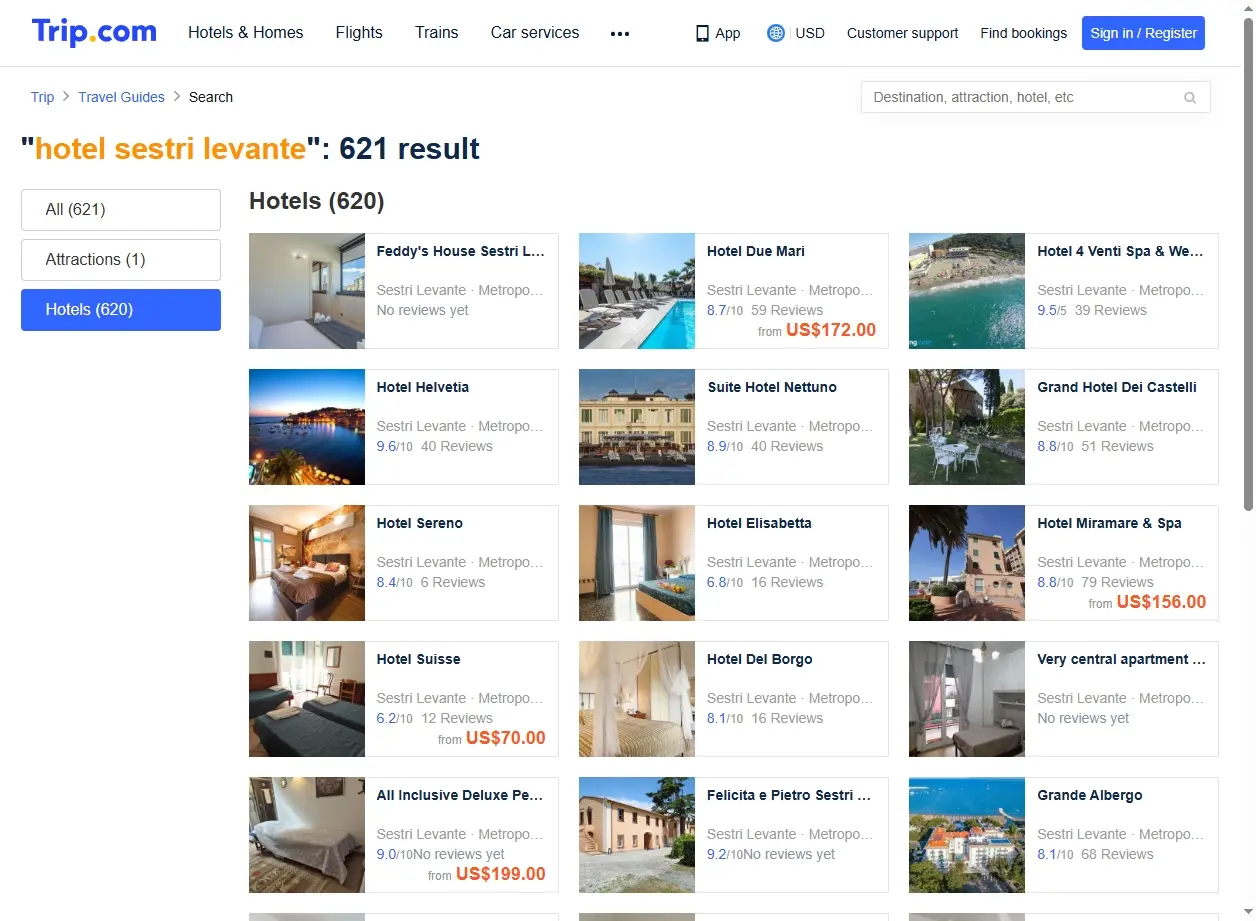Schermata di offerte speciali hotel Sestri Levante