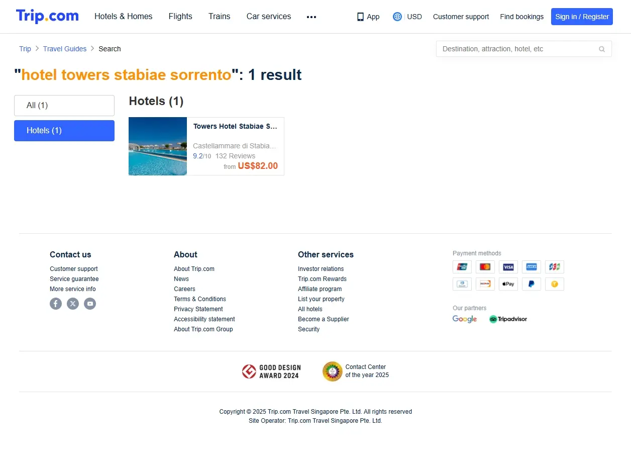 Schermata del sito che mostra offerte per l'Hotel Towers Stabiae Sorrento