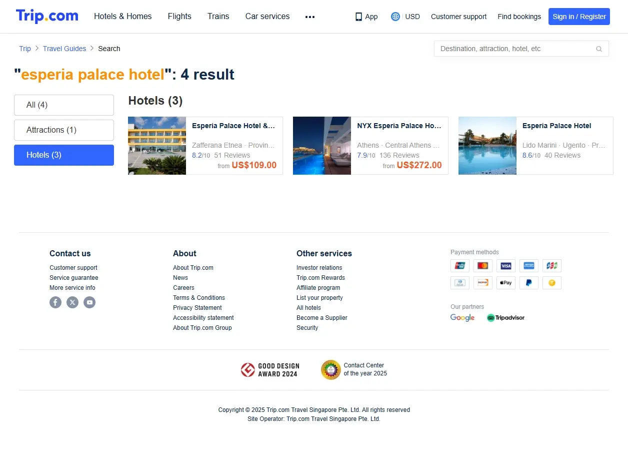Schermata di ricerca offerte Esperia Palace Hotel su Trip.com