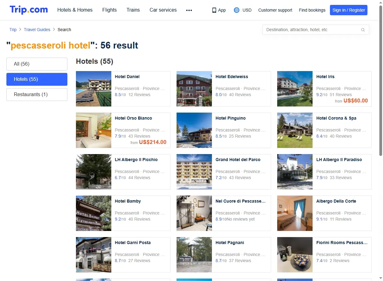 Screenshot di una piattaforma di prenotazione che mostra offerte per hotel a Pescasseroli