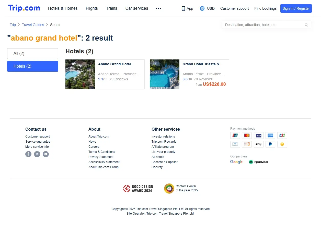 Schermata di Trip.com che mostra offerte per Abano Grand Hotel
