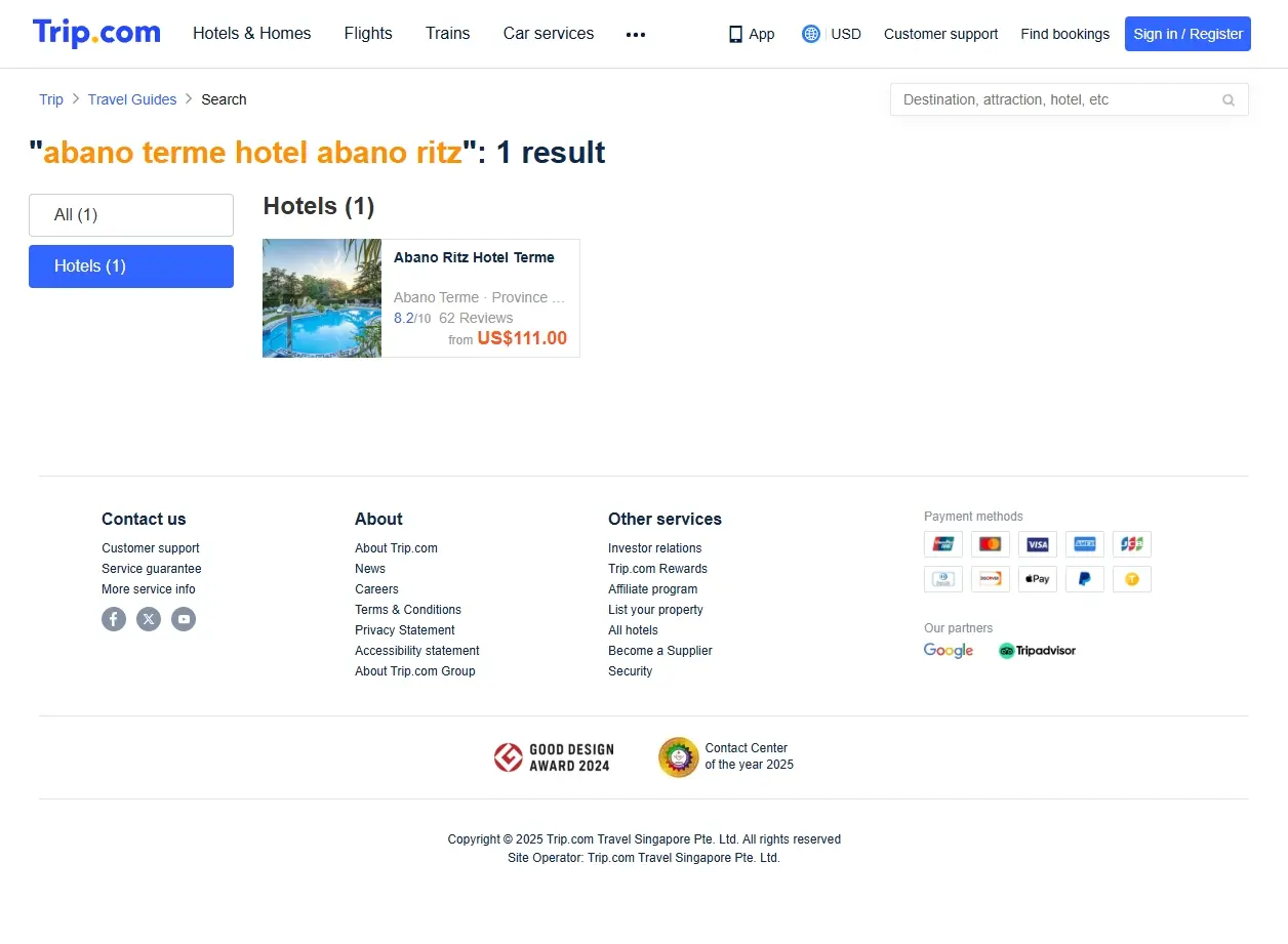 Schermata di ricerca offerte hotel per Abano Terme Hotel Abano Ritz
