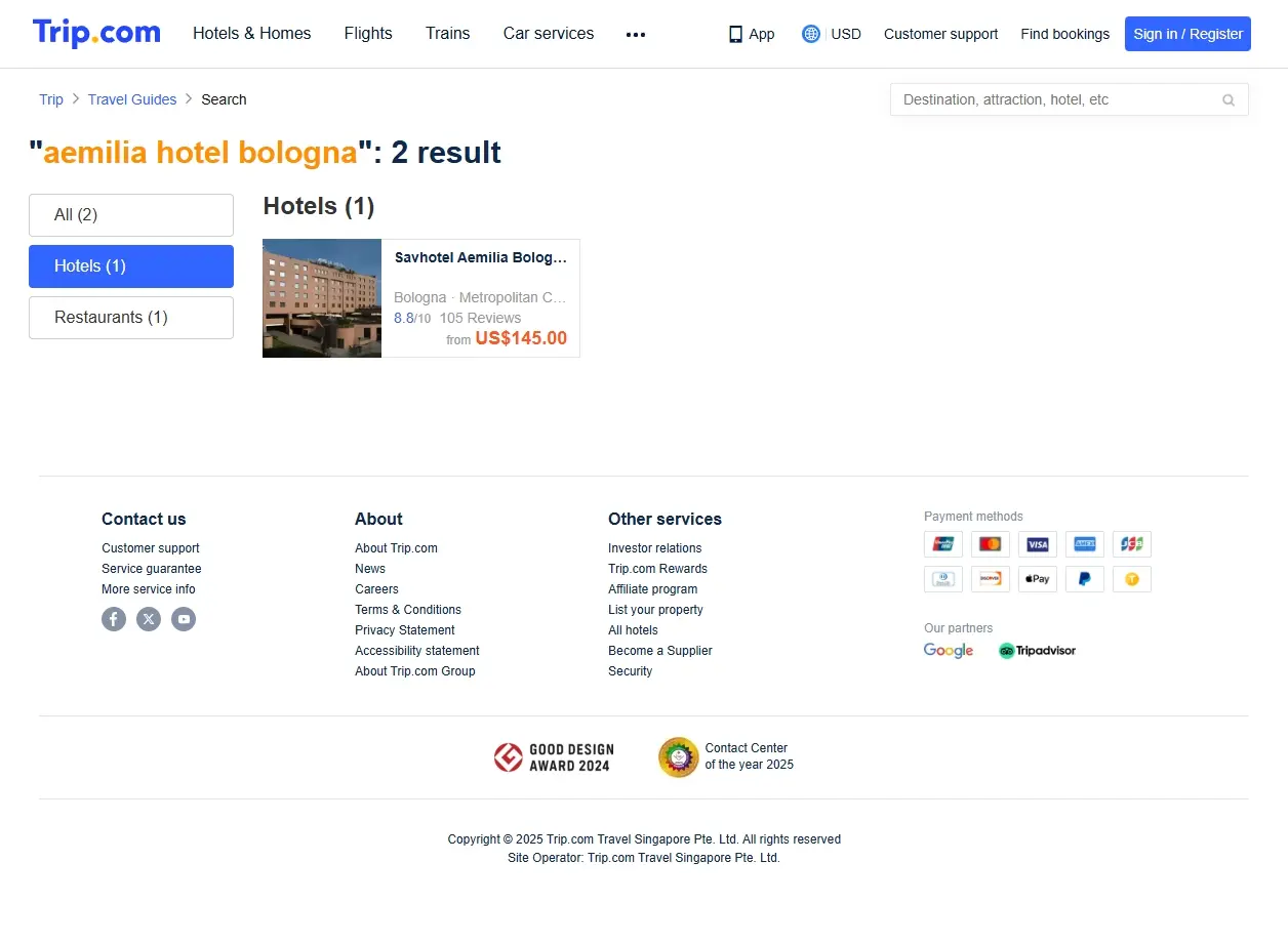 Schermata del sito di Trip.com con offerte per l'Aemilia Hotel Bologna