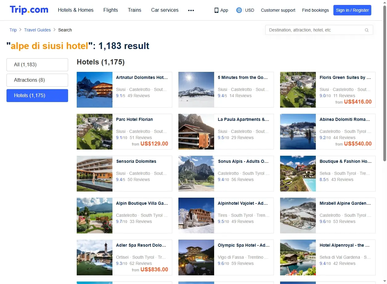 Schermata di ricerca hotel Alpe di Siusi con offerte speciali