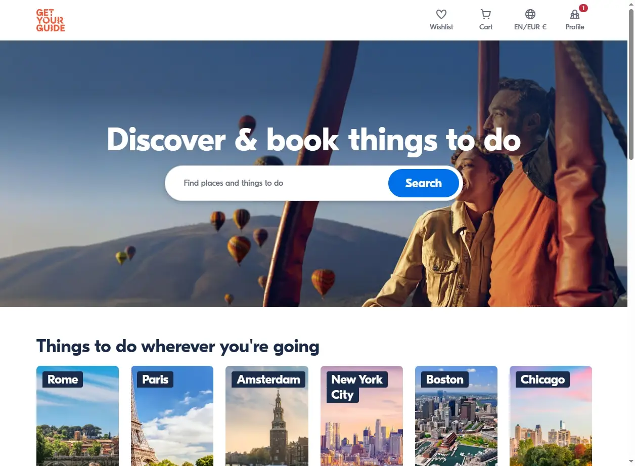 Schermata di ricerca attività e gite turistiche