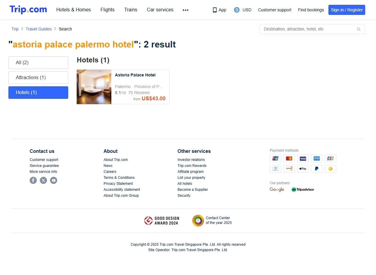Schermata del sito web di prenotazione che mostra offerte per l'Astoria Palace Hotel