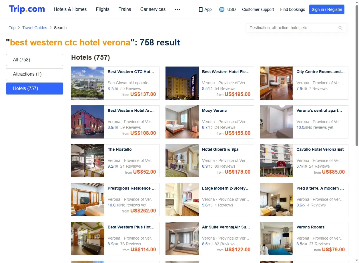 Schermata delle offerte di prenotazione per il Best Western CTC Hotel Verona