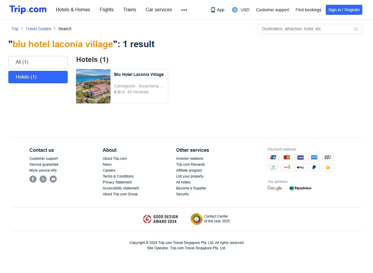 Schermata del sito che mostra offerte per Blu Hotel Laconia Village