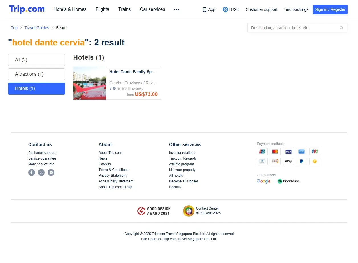 Schermata delle offerte di hotel per Hotel Dante Cervia