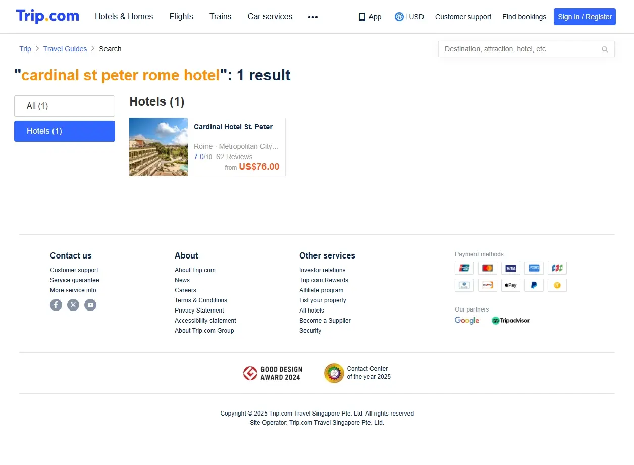 Schermata delle offerte hotel per Cardinal St Peter Rome Hotel