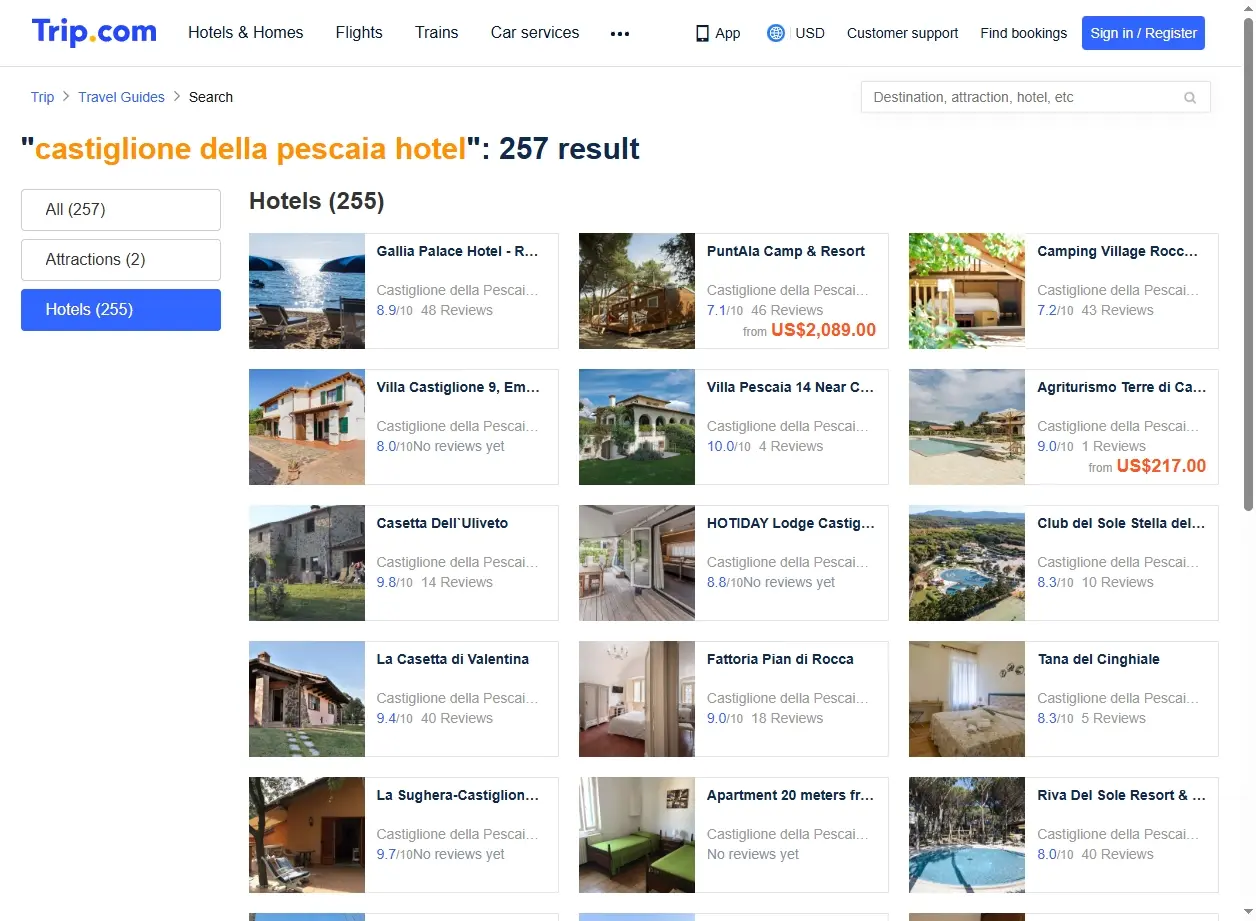 Schermata di ricerca hotel con offerte speciali per Castiglione della Pescaia.