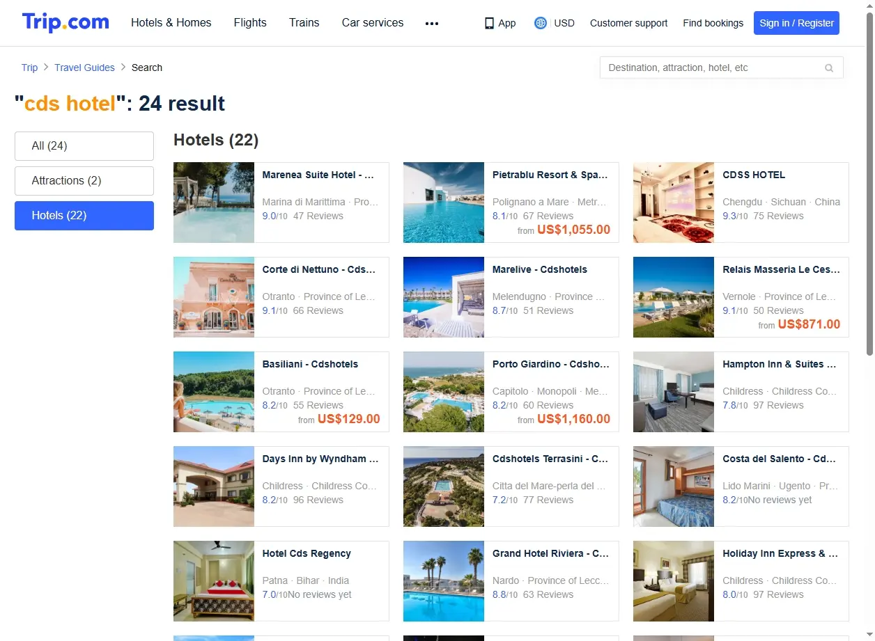 Schermata di Trip.com che mostra offerte per CDS Hotel