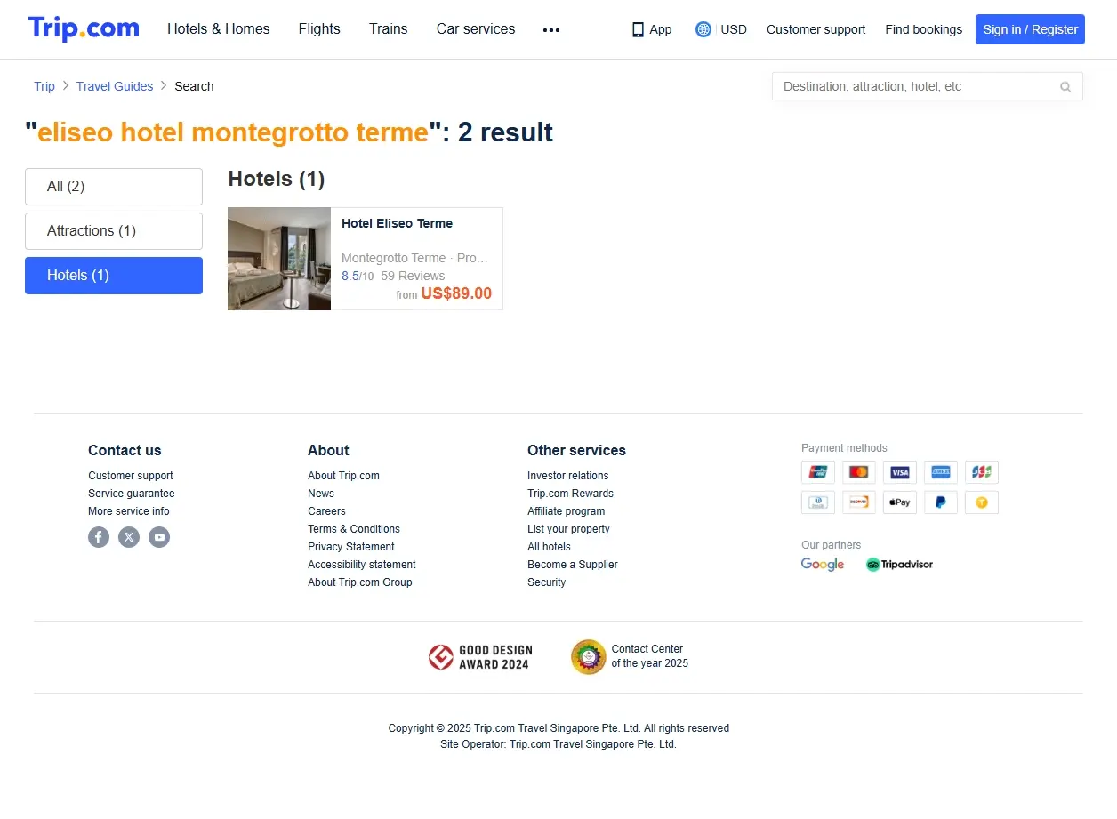 Schermata di ricerca offerte hotel Eliseo Montegrotto Terme