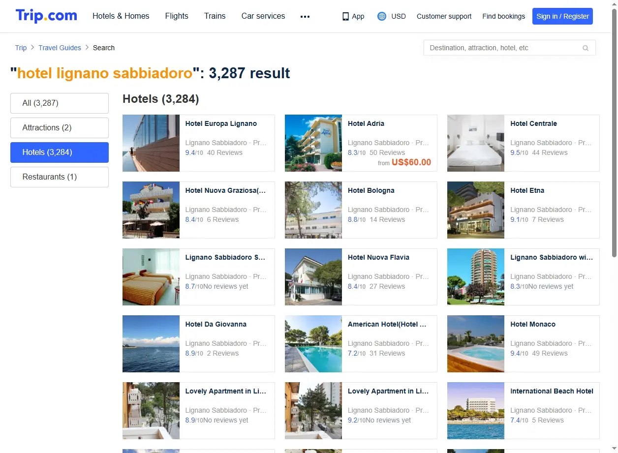 Schermata di ricerca offerte hotel Lignano Sabbiadoro