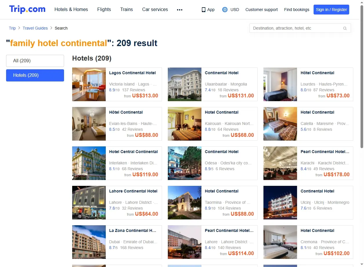 Schermata di ricerca offerte family hotel