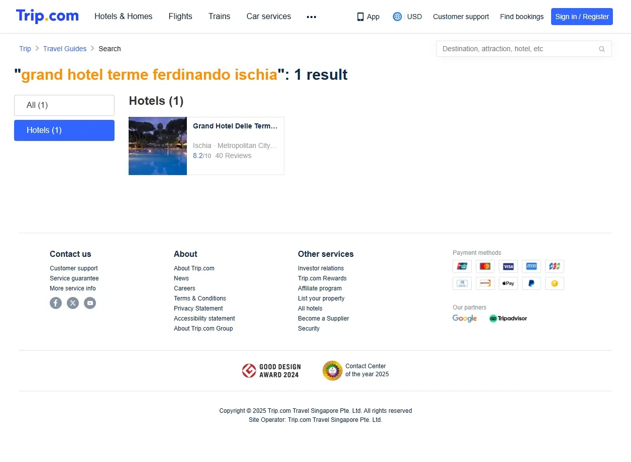 Schermata delle offerte di prenotazione per il Grand Hotel Terme Ferdinando Ischia