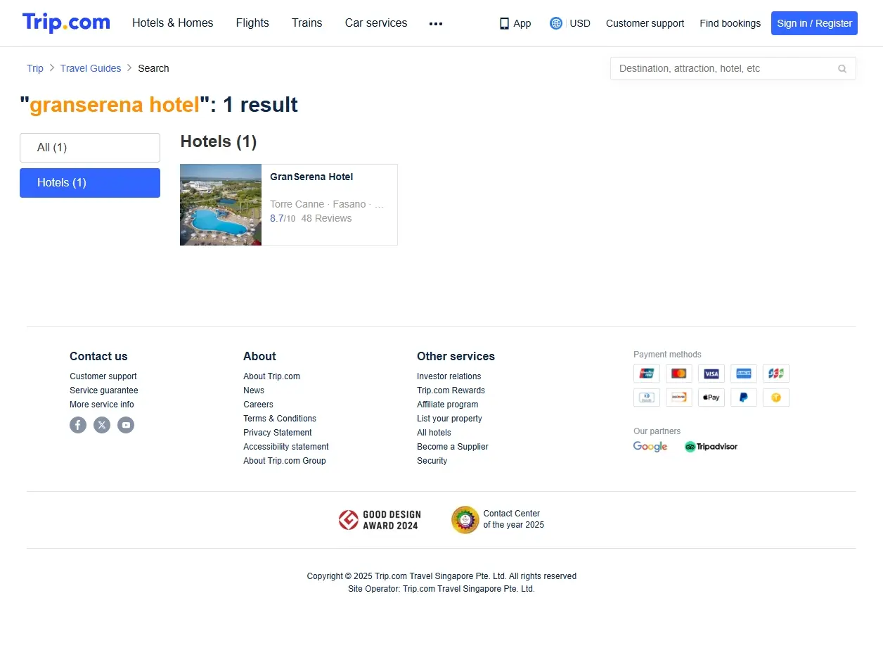 Schermata del sito di prenotazione hotel con offerte speciali per il Granserena Hotel.
