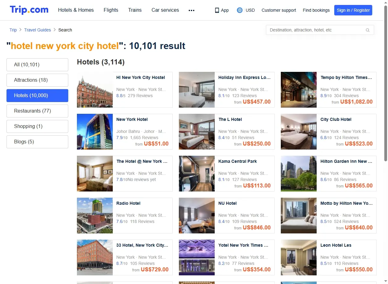 Schermata di offerte hotel a New York City su Trip.com