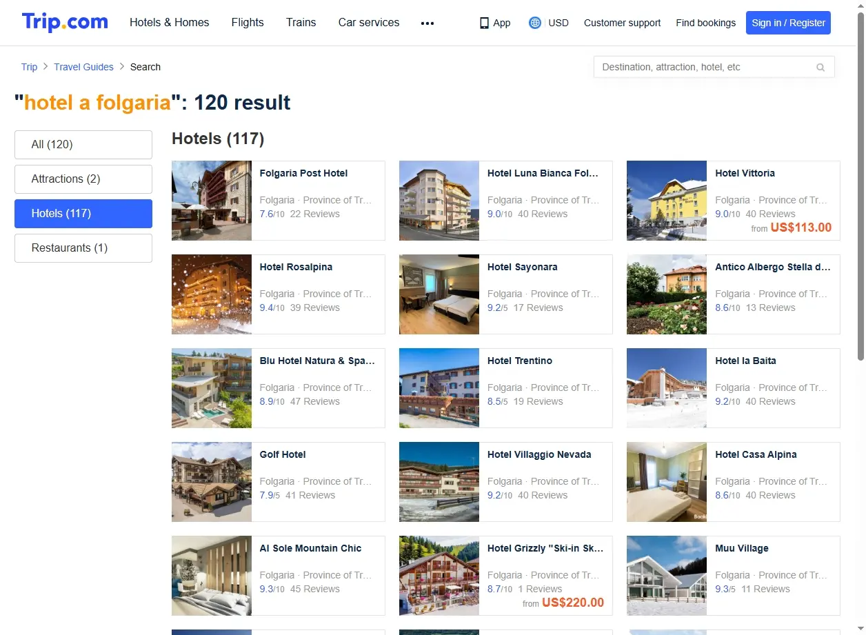 Screenshot di un sito web che mostra offerte speciali per hotel a Folgaria.