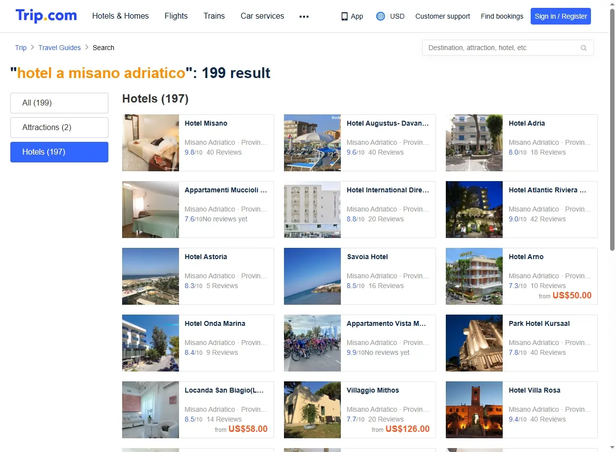 Schermata delle offerte hotel a Misano Adriatico