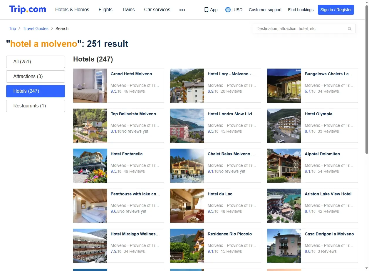 Schermata delle offerte hotel a Molveno