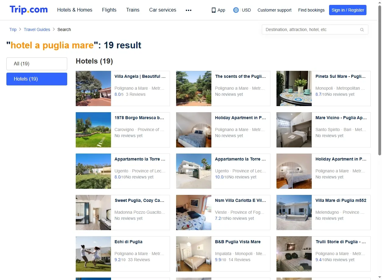Schermata di Trip.com con offerte di hotel in Puglia