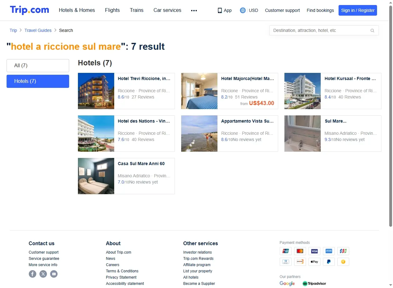 Schermata di ricerca offerte hotel Riccione sul mare