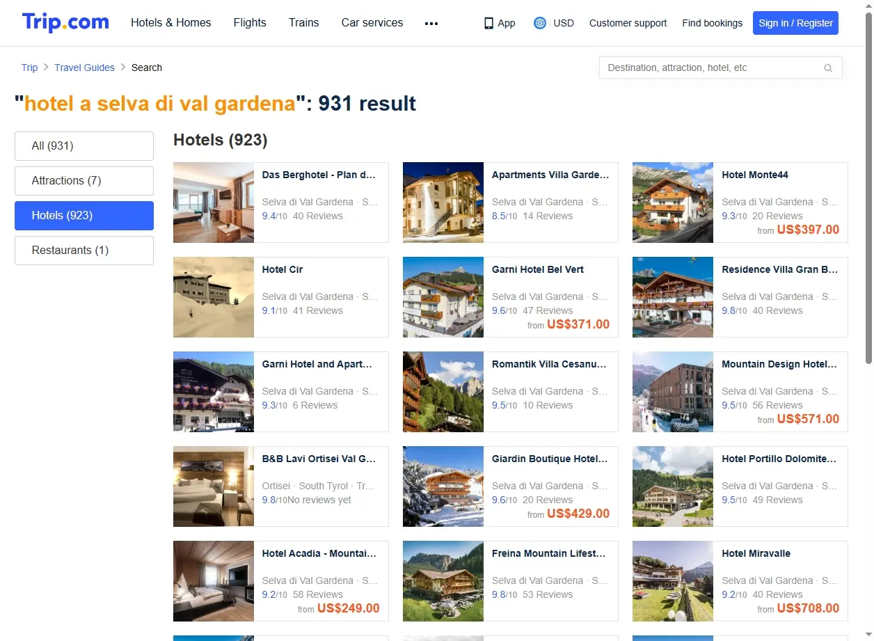 Schermata del sito web che mostra offerte per hotel a Selva di Val Gardena