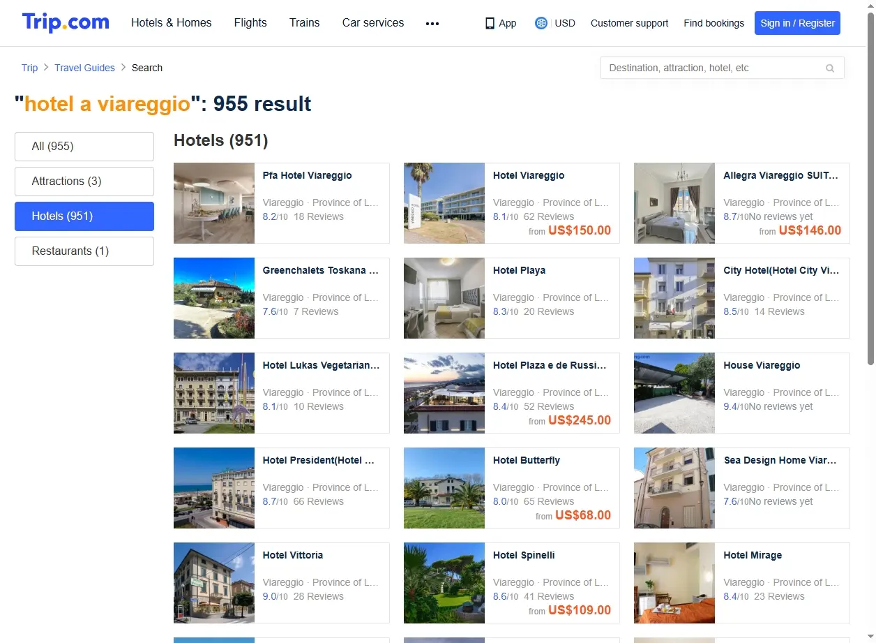 Schermata di una piattaforma di prenotazione con offerte hotel a viareggio