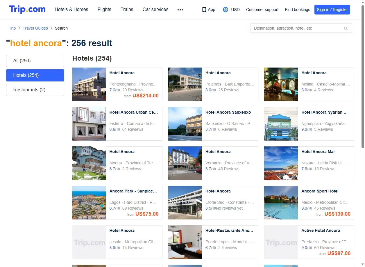 Schermata del sito che mostra offerte speciali per l'Hotel Ancora e altre strutture
