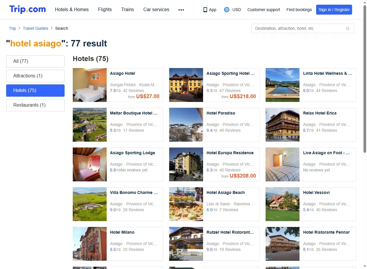 Schermata di ricerca offerte hotel Asiago