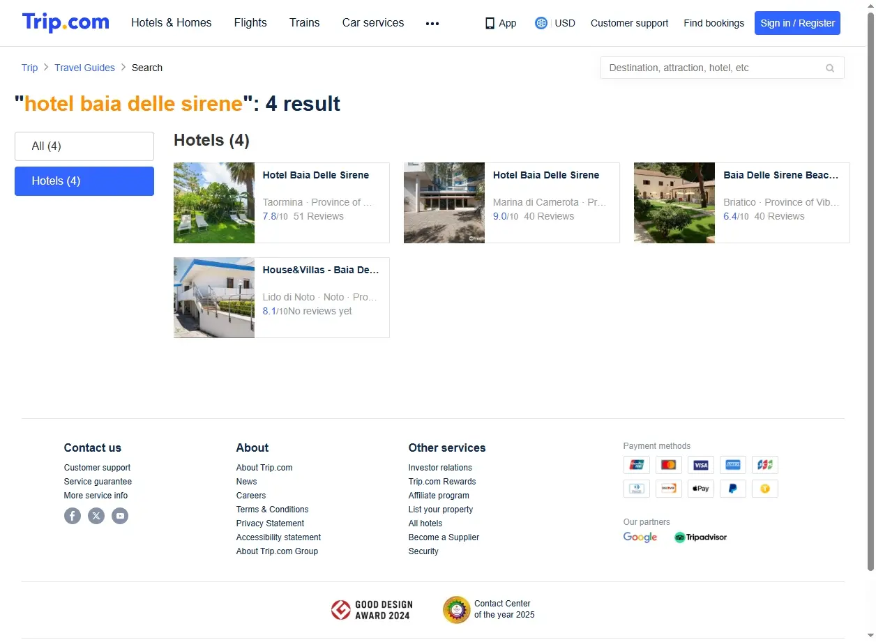 Schermata del sito web che mostra le offerte di Hotel Baia delle Sirene