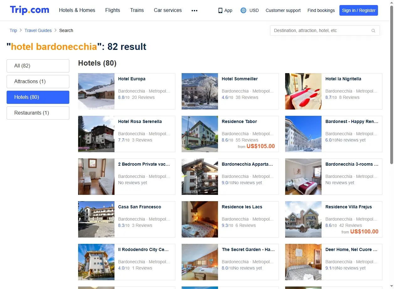 Screenshot di Trip.com che mostra offerte per hotel Bardonecchia