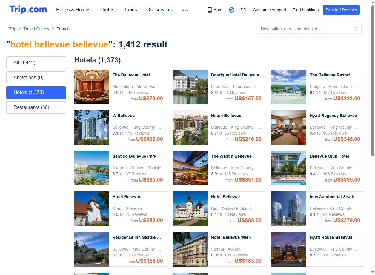 Schermata del sito web di prenotazioni che mostra offerte speciali per Hotel Bellevue