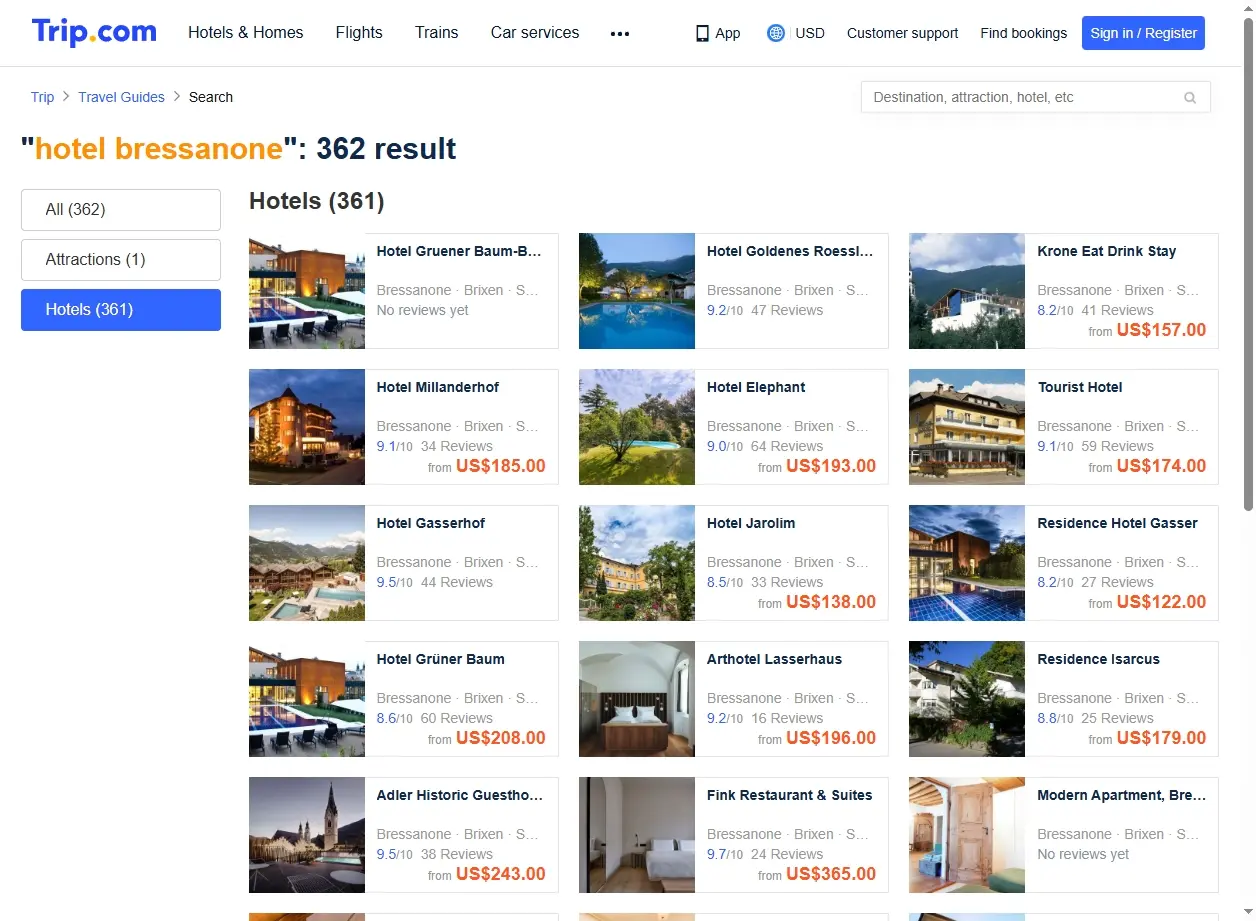 Schermata di ricerca offerte hotel Bressanone