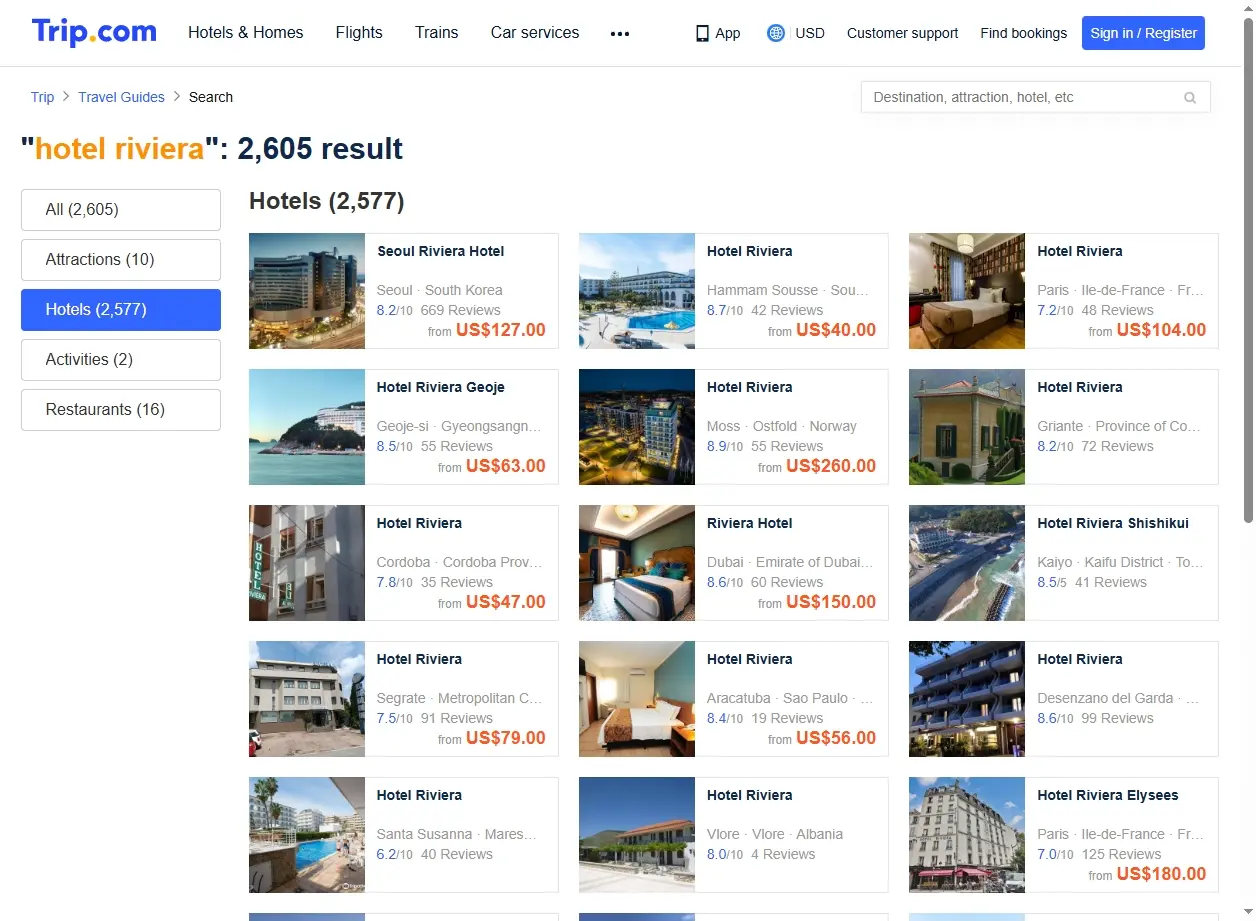 Screenshot di Trip.com con offerte per Hotel Riviera