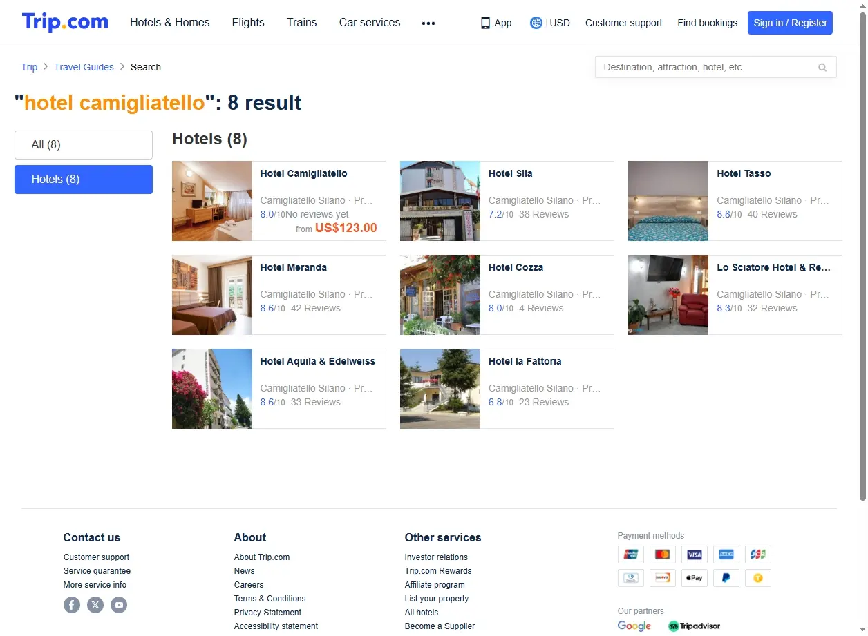Schermata di ricerca offerte hotel Camigliatello